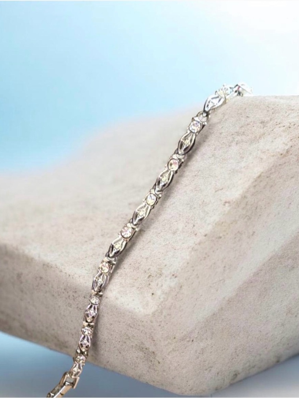 Vintage Silver Tone CZ Tennis Bracelet – Marquise-Style Links w Rhinestones New